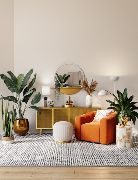 A coordinated selection of furniture, lighting and décor